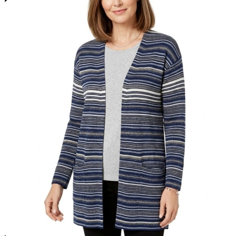Bloomingdale's Blue White Striped Wool Cashmere Blend Open Front‎ Cardigan Small